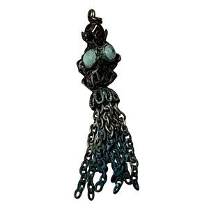 Antique Chain Dangle Pendant 2" Small Baby Blue Cabochons Patina